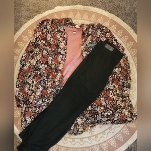 Get the whole look! Size L tee, fall kimono, and black wide leg pants ALL NEW